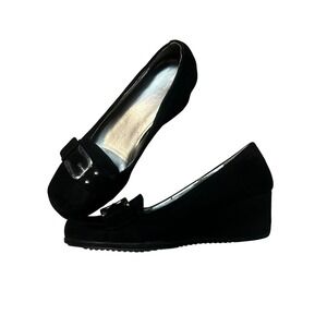 Unisa Black Faux Suede Buckle Wedge Pumps Shoes Womens 8M Square Toe Slip On
